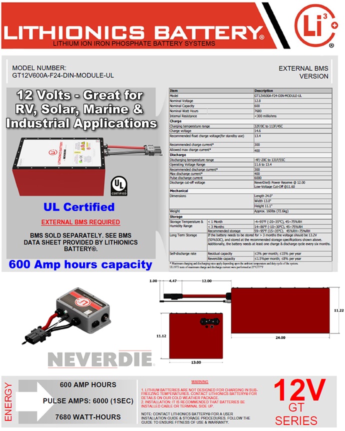 Compact 12 Volt 600 Amp hour high perforamce Lithionics Battery lithium-ion battery for use with external BMS for RVs and Marine applications of all models